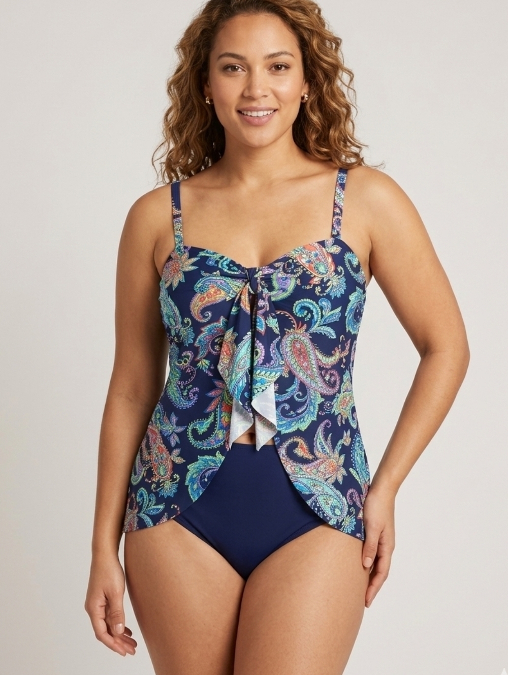 Christina Paisley Blue Tie-Front Flyaway One-Piece Swimsuit Size 12
